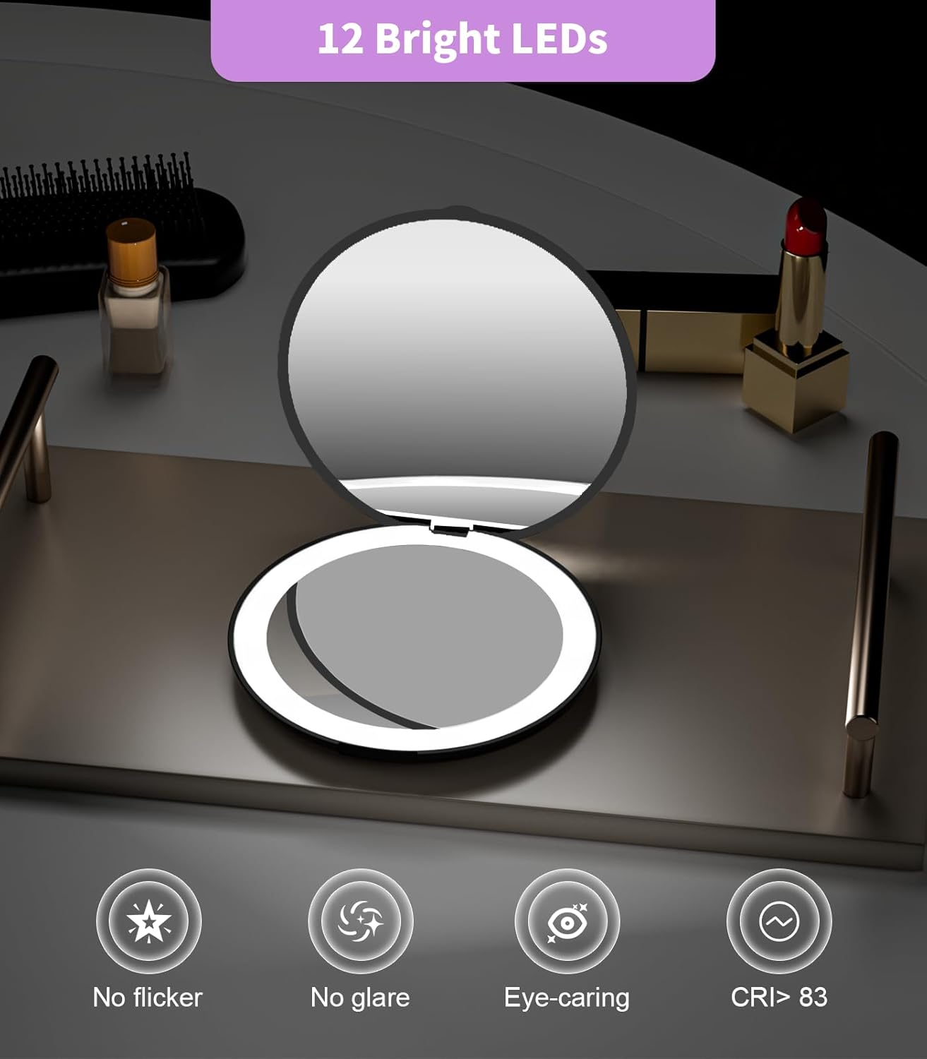 WOBSION Travel Compact Mirror,Portable 1x/10x LED Makeup Mirror with Magnification,Handheld 2-Sided Pocket Mirror, 3.5in Small Mirror for Purse,Handbag,Gift,Black