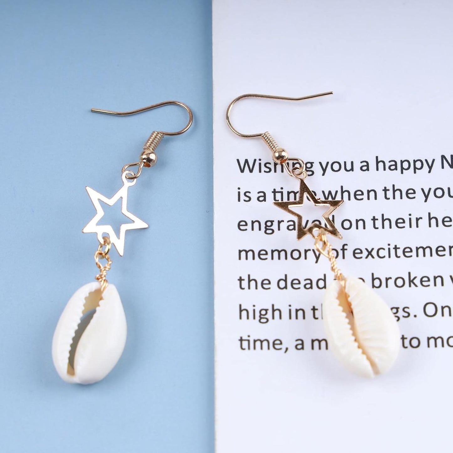Vintage Cowrie Drop Earrings Puka Shell Dangle Earrings Gold Star Dangling Earrings Hollow Star Earrings Jewelry for Women