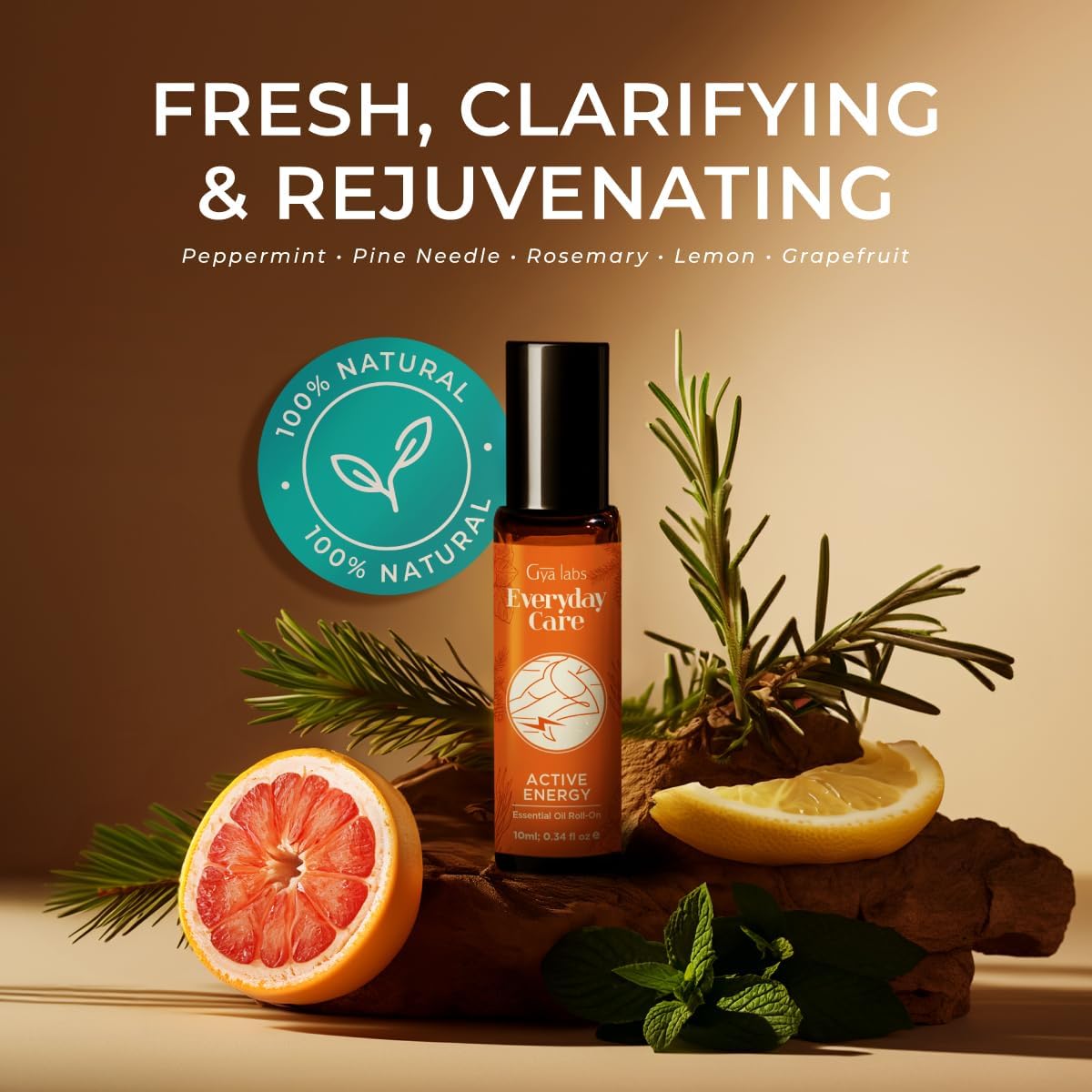 Gya Labs Active Energy Essential Oil Roll on - 100% Pure Natural, Blend with Energizing Lemon & Refreshing Peppermint Oil, Aromatherapy Roller, Travel Size (0.34 Fl Oz)