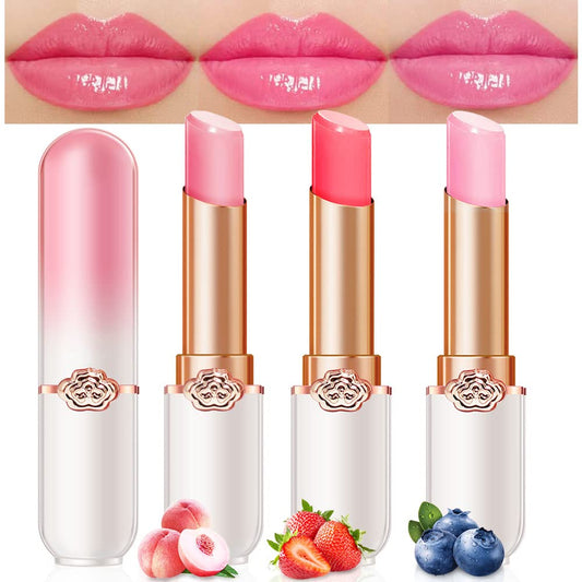 evpct 3Pcs Magic Color Changing Lipstick Long Lasting Waterproof 24 Hours Original for Women, Peach Strawberry Blueberry Pink PH Mood Permanent Color Changing Lipstick Lip Balm Gloss, labial magico