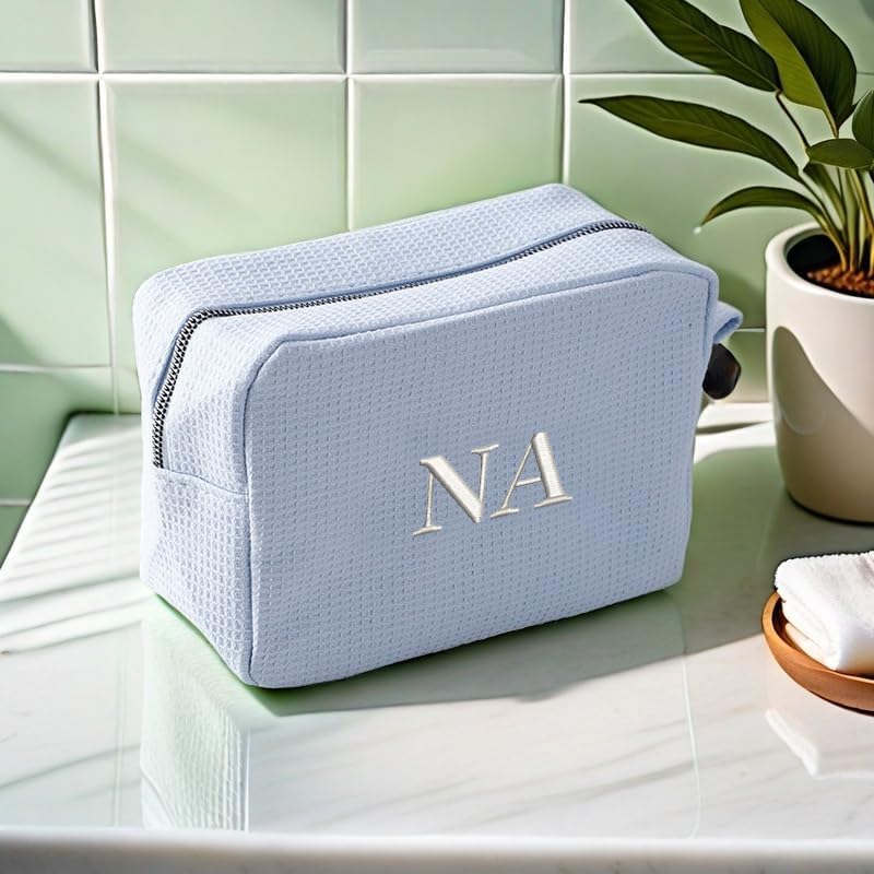 GOPHIE Personalized Embroidered Makeup Bag,Custom Waffle Fabric Cosmetic Pouch for Women, Travel Makeup Pouch (3, Sky Blue)