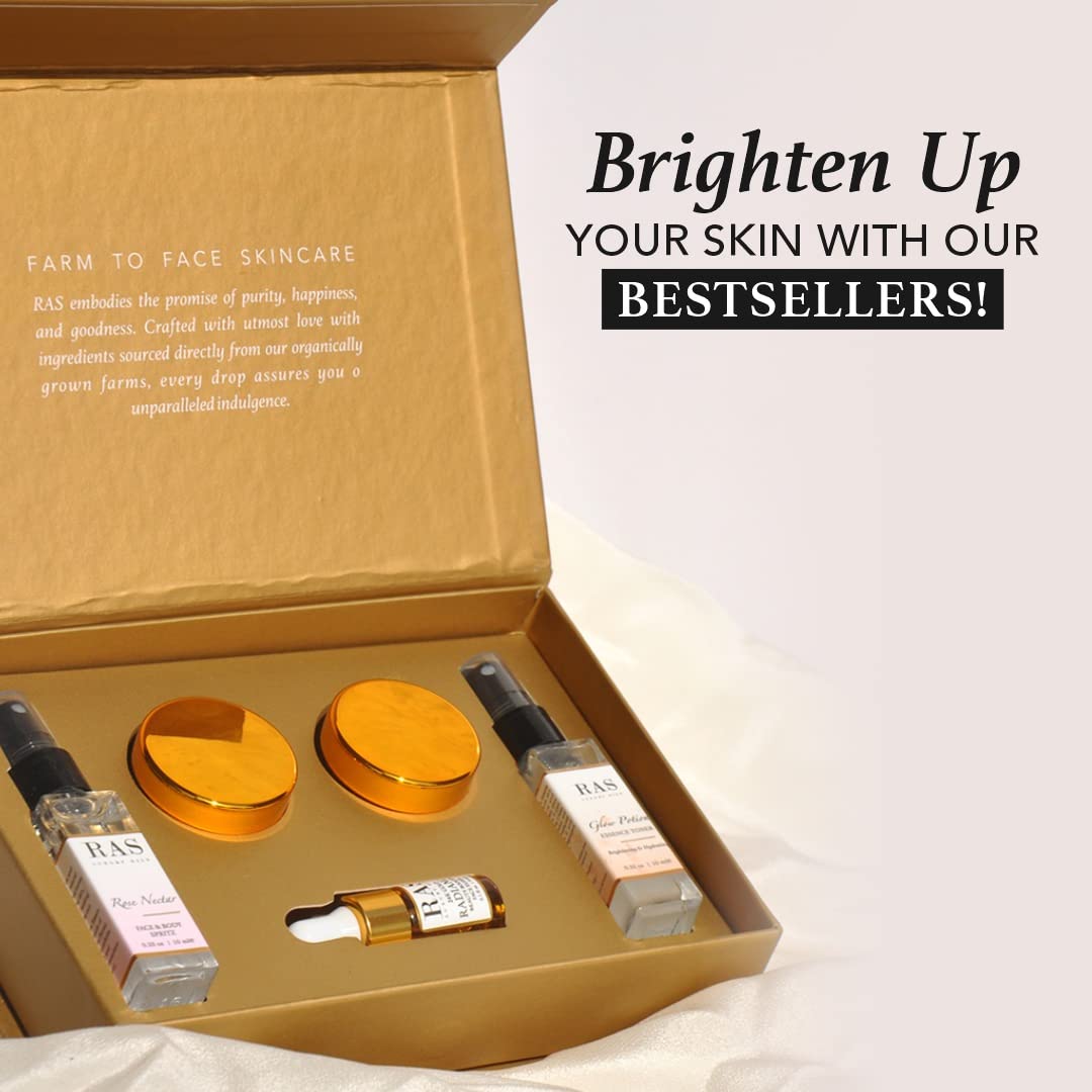 Quick Glow Kit, Hydrating Essence Toner, Exfoliating Face Cleanser, 24K Gold Face Elixir, Face Gel Serum, Face & Body Toner | Smoothens & Softens Skin, Deep Cleanser | Set of 5 - RAS LUXURY OILS