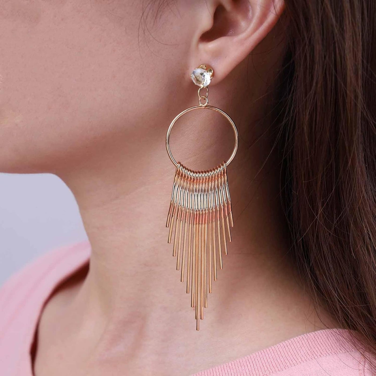 Boho Circle Bar Drop Earrings Hollow Circle Dangle Earrings Gold Chain Tassel Earrings Long Metal Tassel Earrings Jewelry for Women