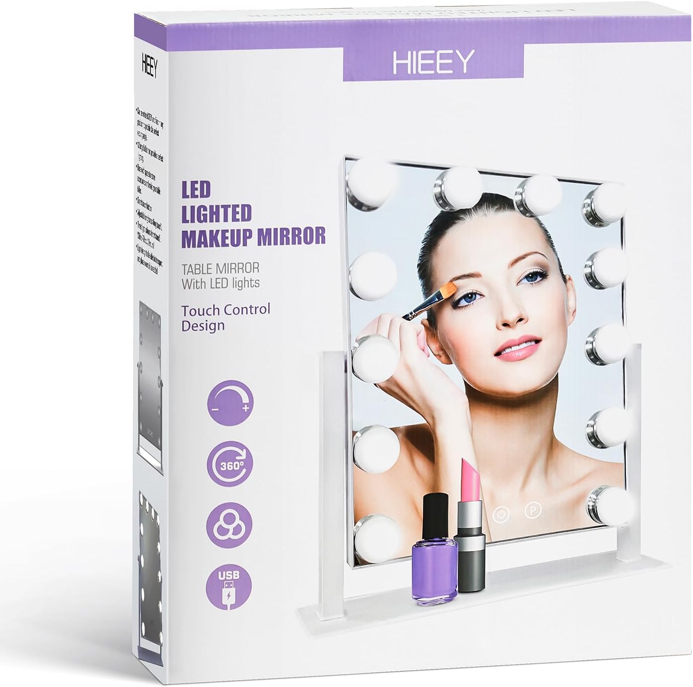 HIEEY Hollywood Vanity Mirror with 12 Dimmable Bulbs Lights, Three Color Lighting Modes, and 5X Magnification, Smart Touch Control, 360°Rotation (White,Gift Box)