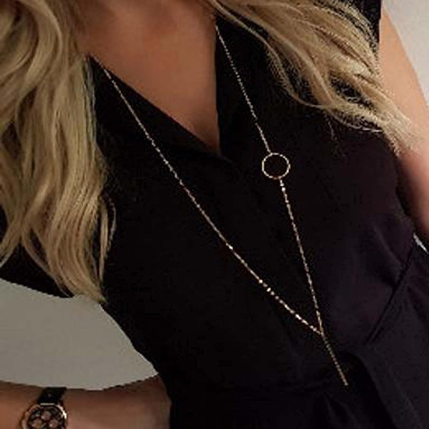 Vertical Bar Circle Necklace Silver Circle Pendant Necklace Boho Long Necklaces Chain Minimalist Geometric Ring Necklace Jewelry for Women and Girls