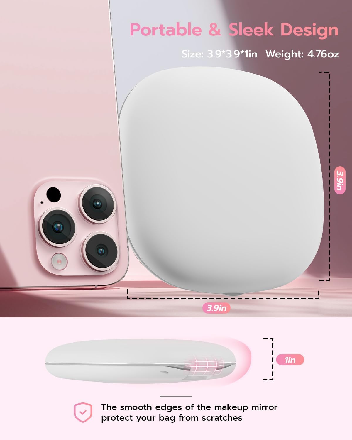 Benbilry 3.9" Rechargeable Compact Makeup Mirror with 3 Light Colors and Magnification 1X / 10X, Double Light Strip Dimmable Small LED Travel Mirror for Purse, White