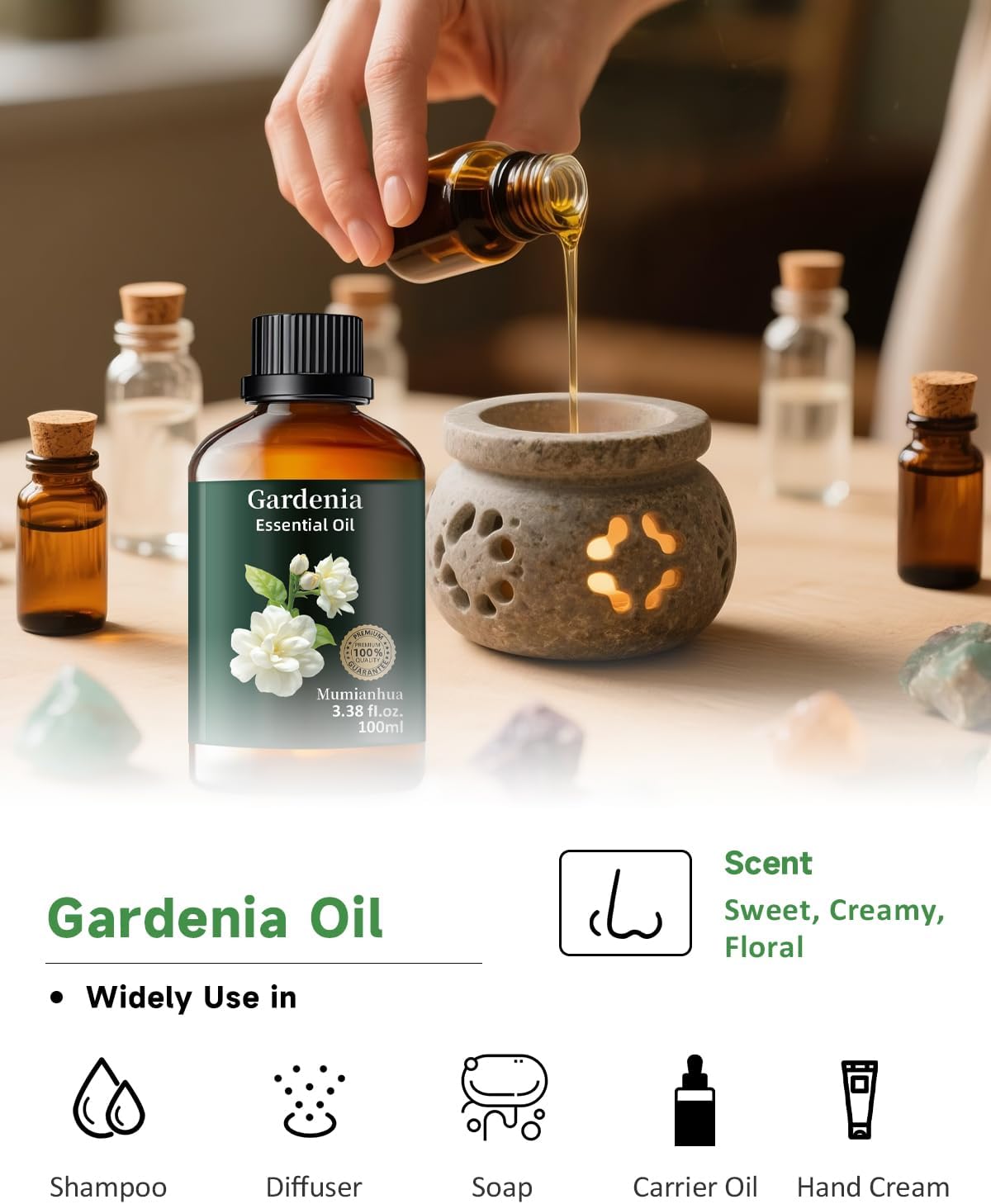 Mumianhua 100% Pure Gardenia Essential Oil Natural Gardenia Oil for Bedroom Diffuser, Laundry Boost & Women's Perfume | Therapeutic Grade for Candle Making & Skin 3.38 Fl Oz
