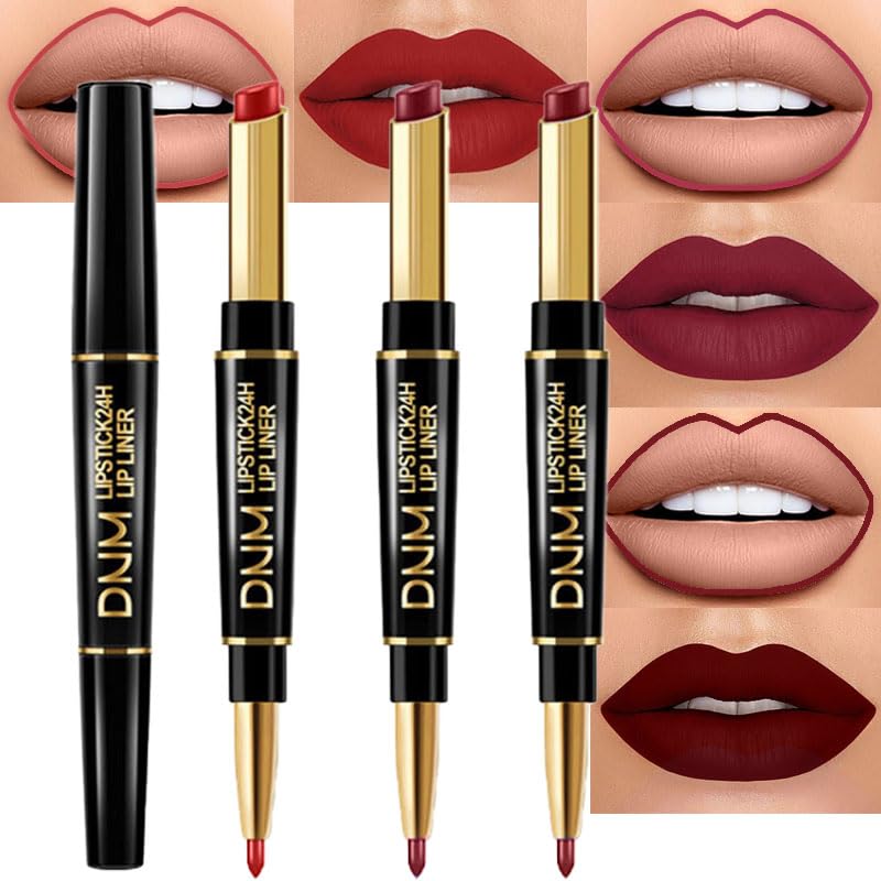 evpct 3Pcs Dark Ruby Wine Red Lip Liner and Lipstick Set Kit for Women Matte Matt 24 Hour Lipstick and with Lip Liner Pencil Set Waterproof Long Lasting 24 labial labiales mate 24 horas originales