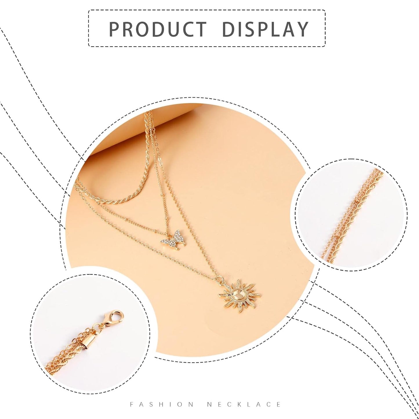 Bohemia Layered Sun Necklace Choker Crystal Butterfly Pendant Necklace Gold Rope Chain Necklace Vintage Sunflower Necklace Jewelry for Women and Girls