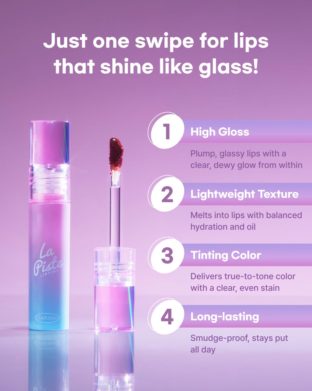 DEARMAY LA PISTE LIP TINT LP06 Blissful 0.14 oz. long lasting lip stain with glossy finish and lightweight texture, non sticky, hydrating formula with no flaking and glassy vivid tint, korean makeup