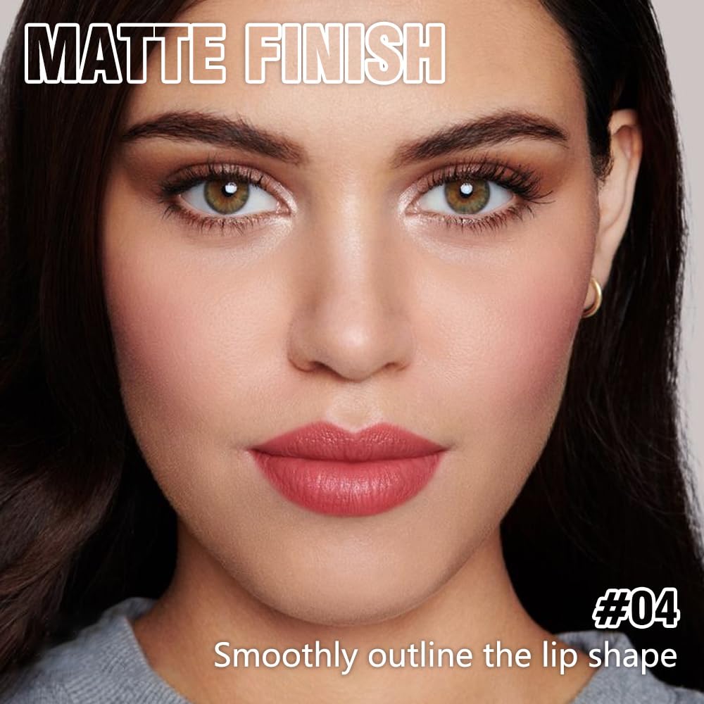 Matte Lipstick Crayon Set for Women, Ruby Red 24 Hour Lipstick Lip Liner Pencil, Neutral Lip Stick Lipliner Long Lasting Waterproof Smudge Proof, Vegan & Cruelty-Free, 04