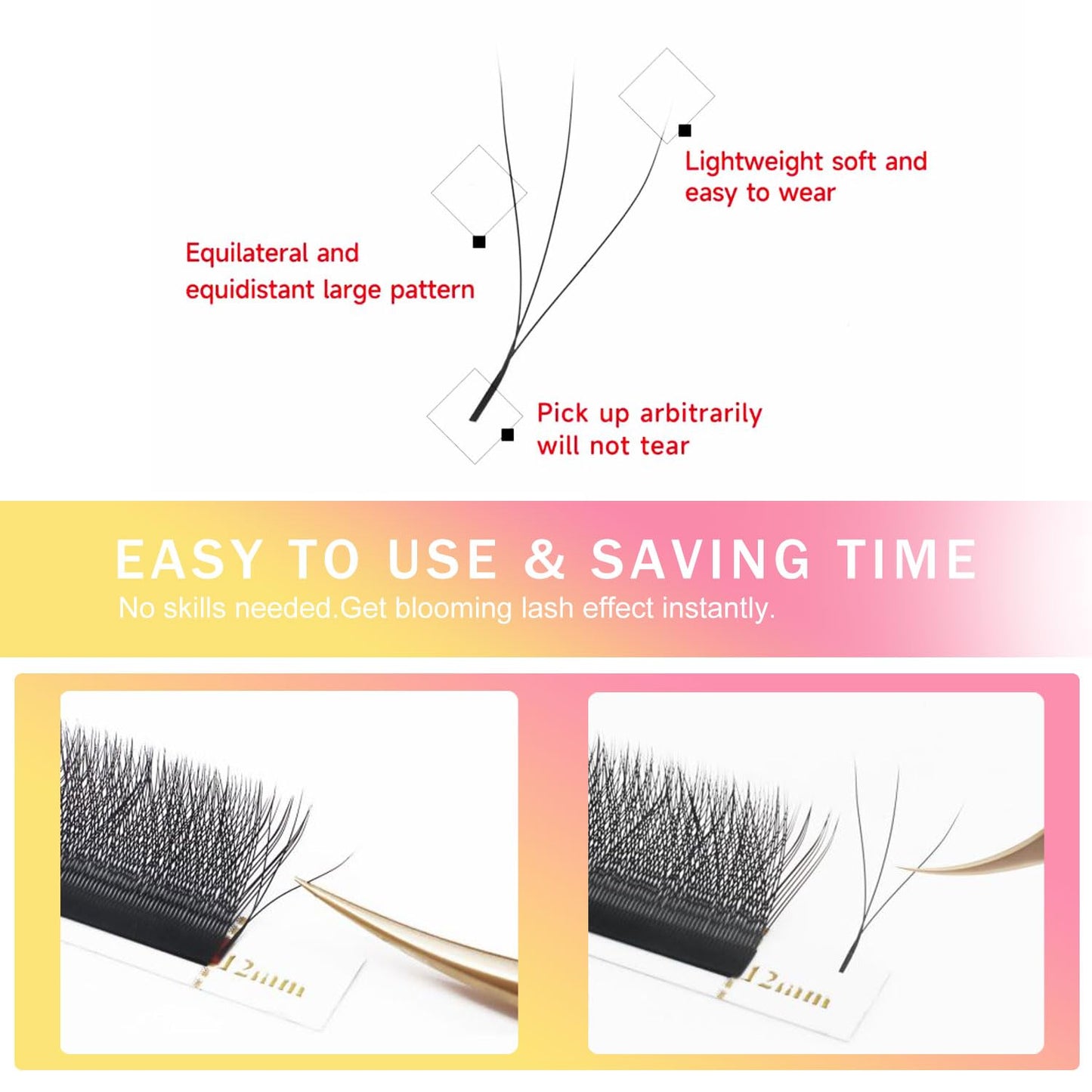 W Lash Extensions Supplies 3D Eyelash Extensions W Shape 0.07mm Thickness C Curl 11mm Premade Fans Easy Fan Lashes Volume Matte Black 12 Rows Crisscross Eye Lashes(W-3D-0.07-C,11mm)