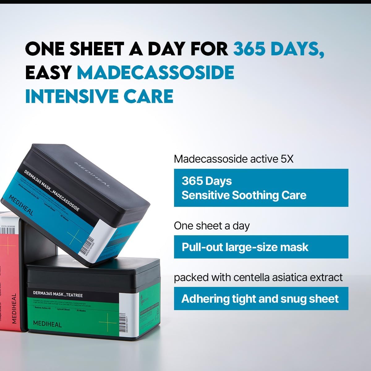 Mediheal Derma 365 Madecassoside Mask (30 Masks) - Daily Skin Care Mask for Deeply Comforting and Calming Skin with Madecassoside