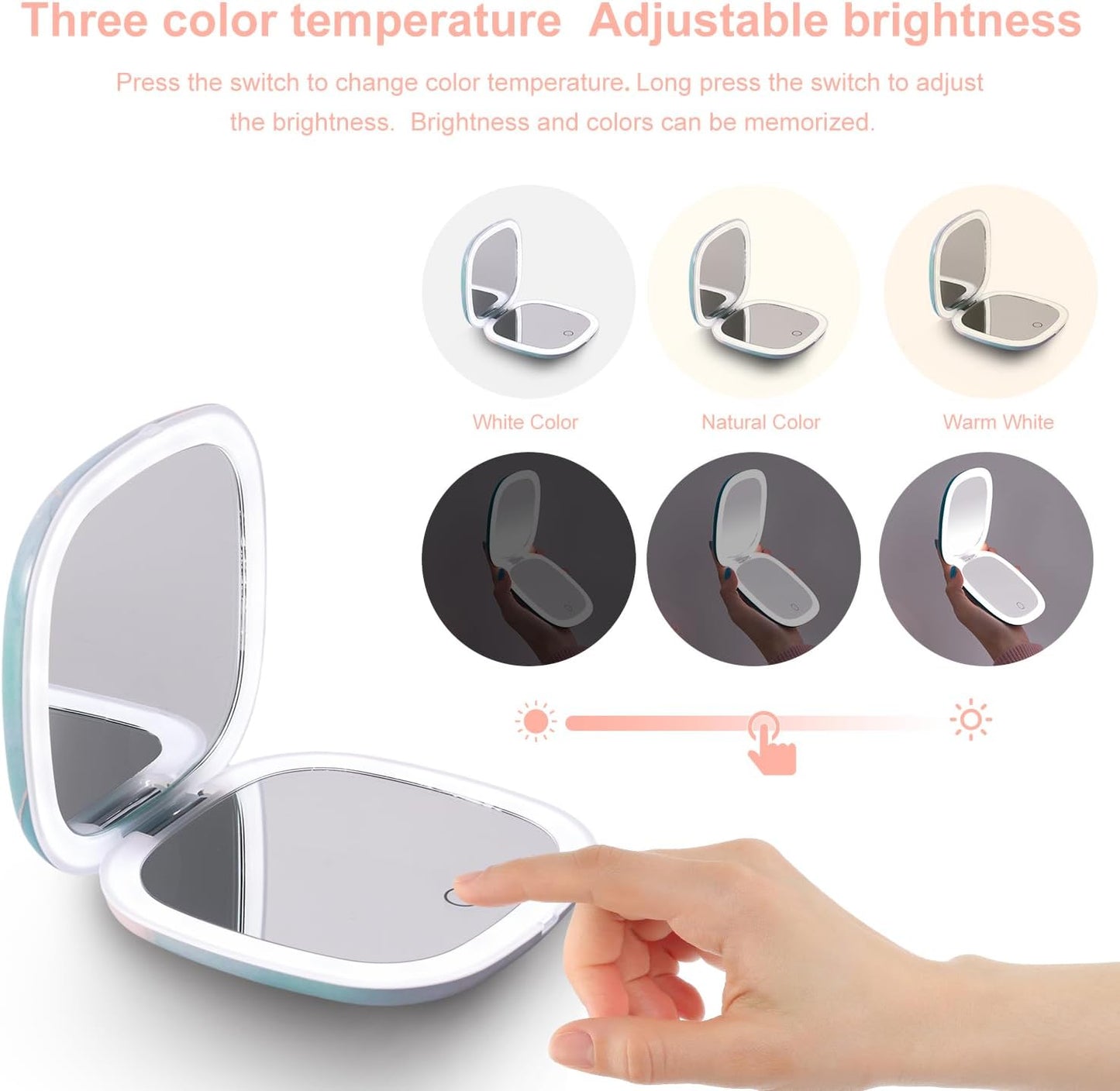 Mocado Compact LED Travel Makeup Mirror - 4 Inches 1X/10X Magnification Travel Mirror with Light Dimmable Double Sides Lighted USB Rechargeable Compact Mirror for Purse,Pocket,Travel(Blue Marble)