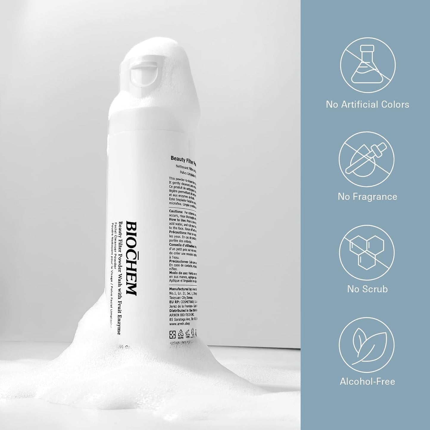 BIOCHEM Beauty Filter Powder Face Wash with Fruit Enzyme, Daily Wash with Papaya & Pineapple Enzyme, Gentle Plant-Based Low pH Exfoliator Cleanser for Women & Men, Sensitive Skin (1.59 fl oz / 45 g)