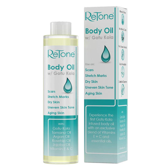 ReTone® Body Oil: Stretch Mark Prevention -Non-greasy finish - Infused with Gotu Kola - No mess dispenser - Tamanu oil + Argan Oil + Rosehip Oil + Jojoba Oil + Vitamin E C (dry skin, uneven skin tone)