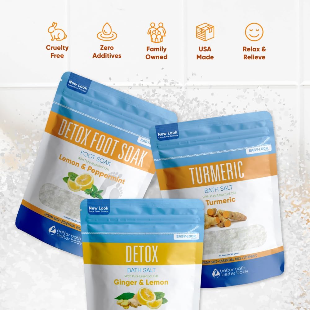 Detox Bath Bundle (3 Pack with Scoop Total 6 Lbs) Detoxifying Soaks with Detox Foot Soak and Turmeric Bath Soak Made with Epsom Salt and Pure Essential Oils Plus Vitamin C Three 2 Lbs Pouches