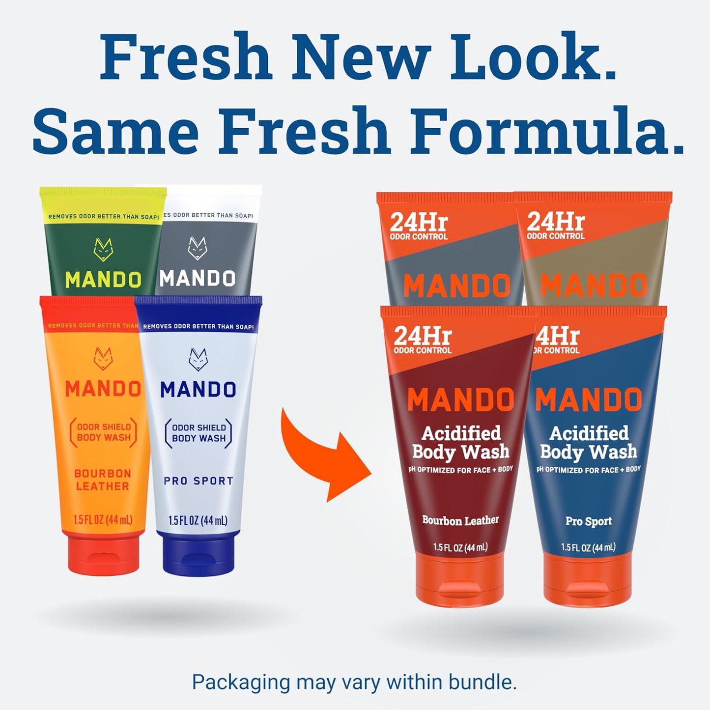 Mando Mini Body Wash - 24 Hour Odor Control - Removes Odor Better than Soap - 1.5 Ounce Tubes (Pack of 4, in 4 scents: Bourbon Leather, Pro Sport, Mt Fuji, Unscented)