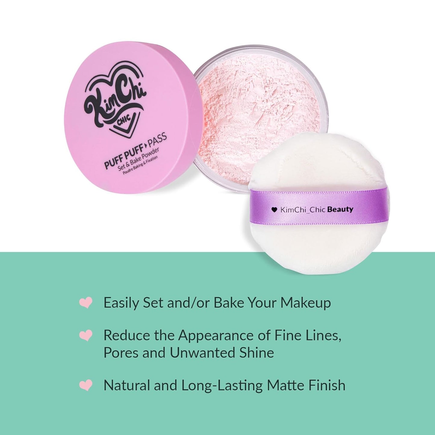 Kimchi Chic Beauty Puff Puff Pass Set and Bake Setting Powder for Makeup, Extra Fluffy Loose Face Powder Poof, Soft Natural Face Makeup for Uneven Skin Tone, 09 Pink