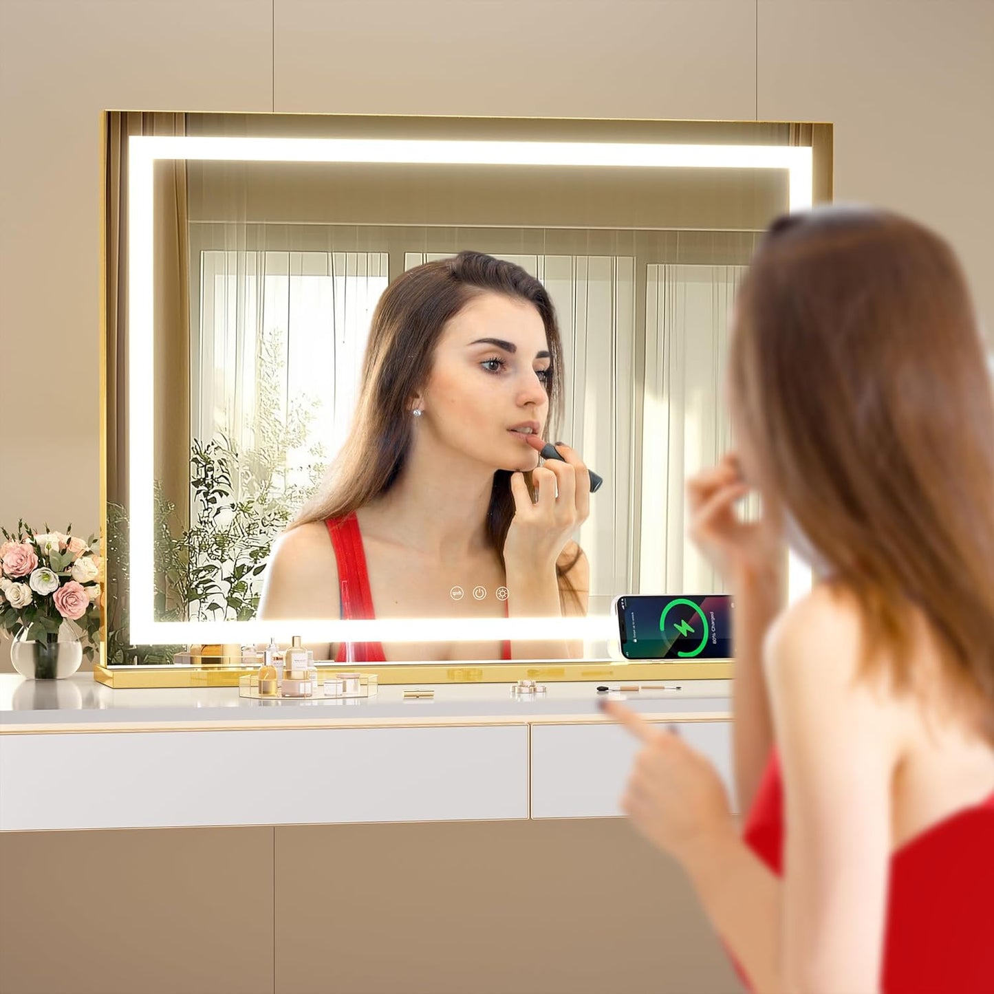 Hasipu Vanity Mirror with Lights, 32" x 20" LED Makeup Mirror, Lighted Makeup Mirror with Dimmable 3 Modes, Touch Screen Control Vanity Mirror Square Gold