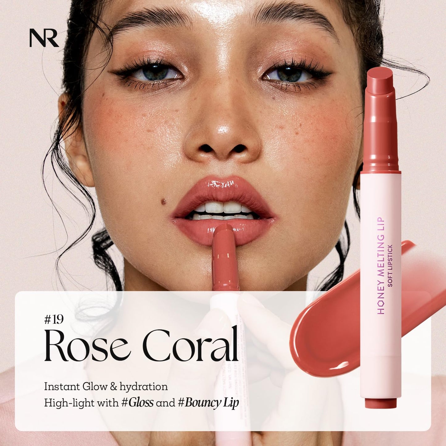 Nature Republic HONEY MELTING LIP (19 ROSE CORAL) SOFT LIP STICK, Hydrating Gloss, Moisturizing balms, Sheer tint, Shine & Nude, Glowy Finish, korean make up