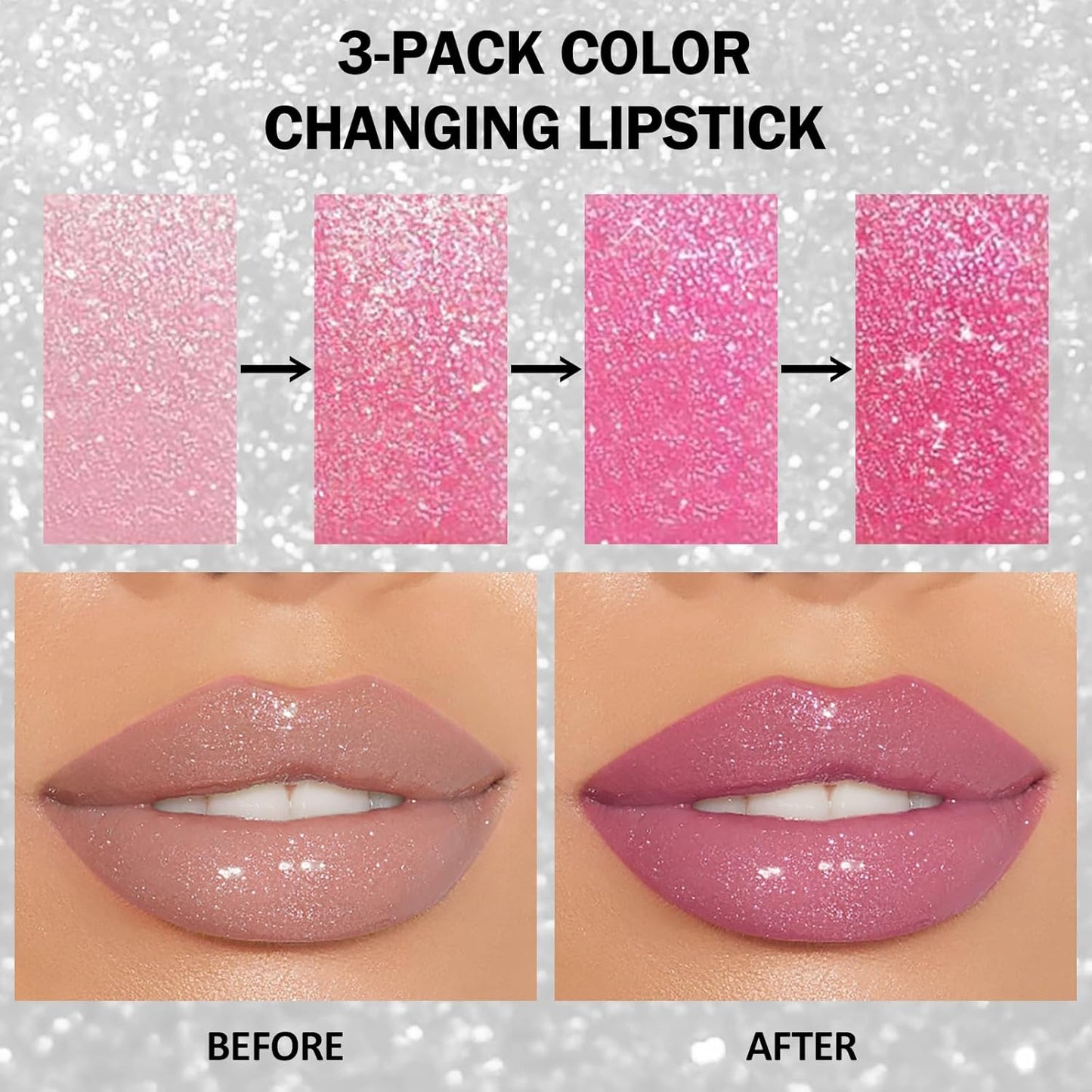 DAGEDA 3PCS Glitter Lipstick, Moisturizing Glossy Color Changing Lip Balm, Long Lasting Shimmer Lipstick, Nonstick Color Change Lipstick, Waterproof Glitter Lip Balm for Festival