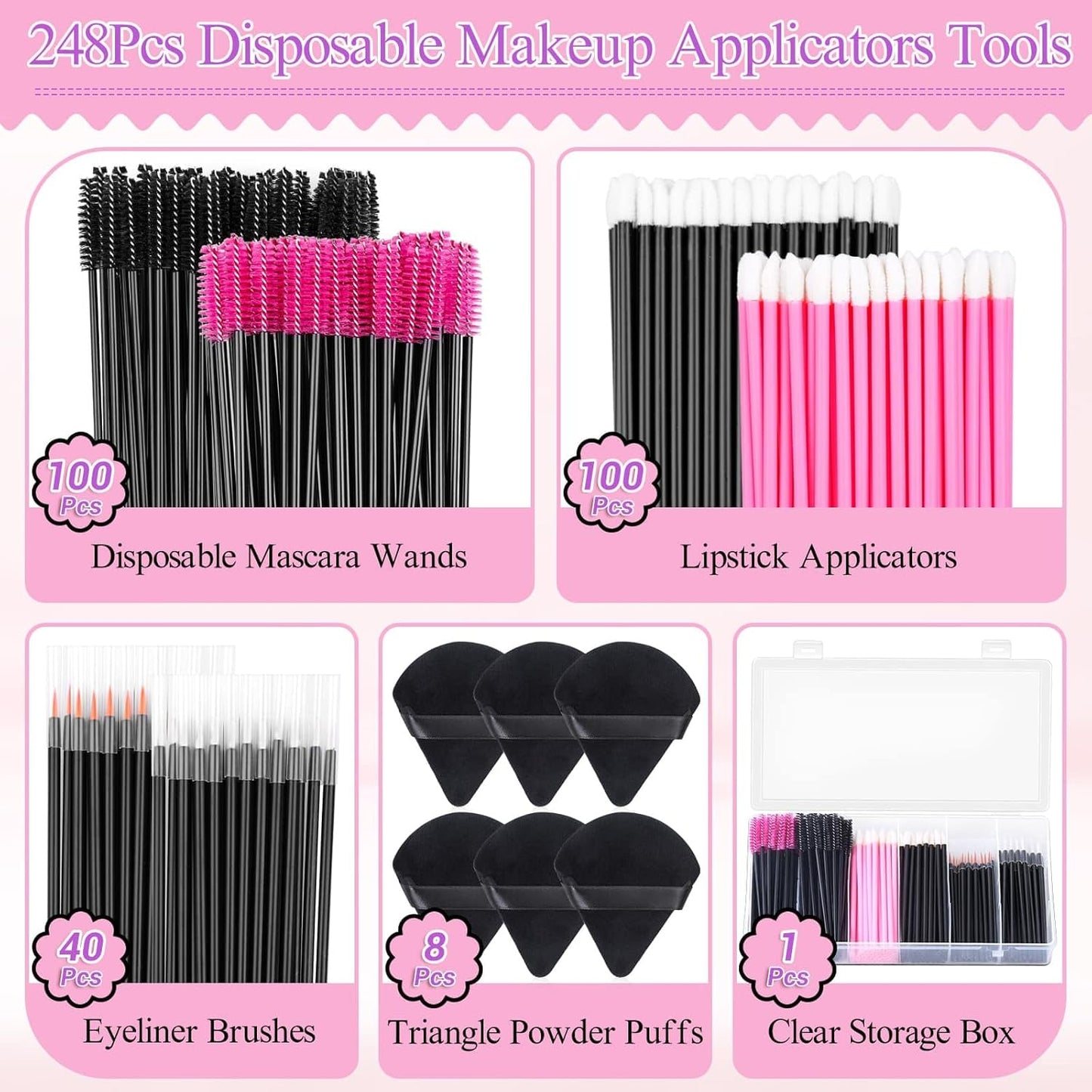 248 Pcs Disposable Makeup Applicators with Triangle Puffs, Mascara wands, Lip/Eyeliner Brushes Disposable Makeup Applicator Kit for Makeup Artist Supplies