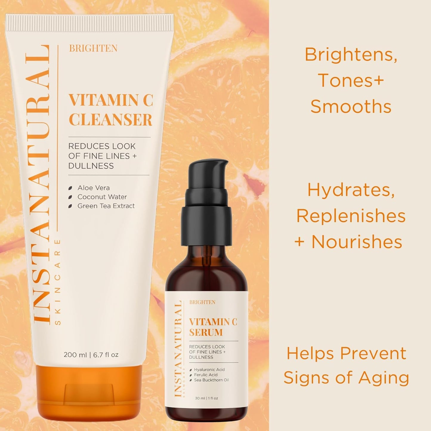 InstaNatural Vitamin C Cleanser and Serum Kit, Brightens and Reduces Signs of Aging, Fine Lines and Wrinkles, with Botanical Extracts