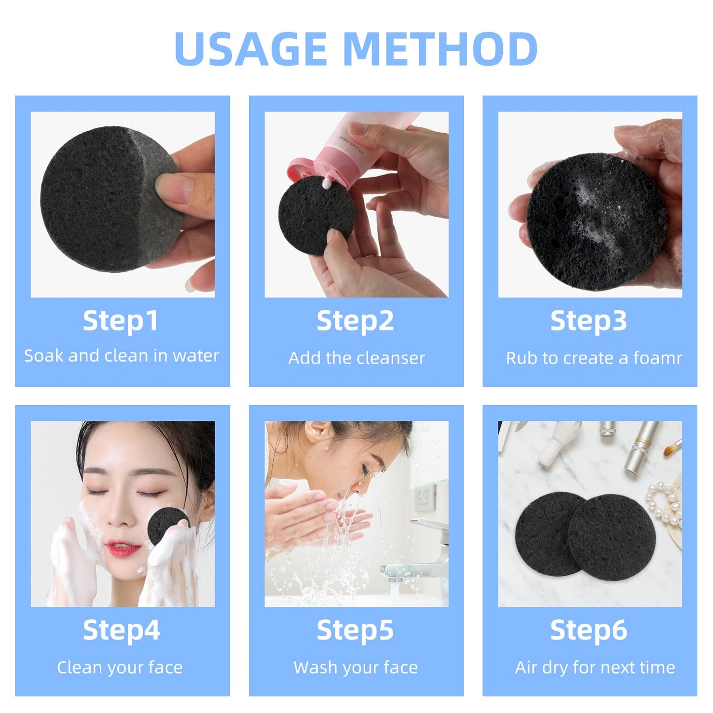 100-Count Facial Sponges Compressed Natural Cellulose Sponge Round Shape Face Sponge for Face Cleansing Exfoliating and Makeup Removal, Black