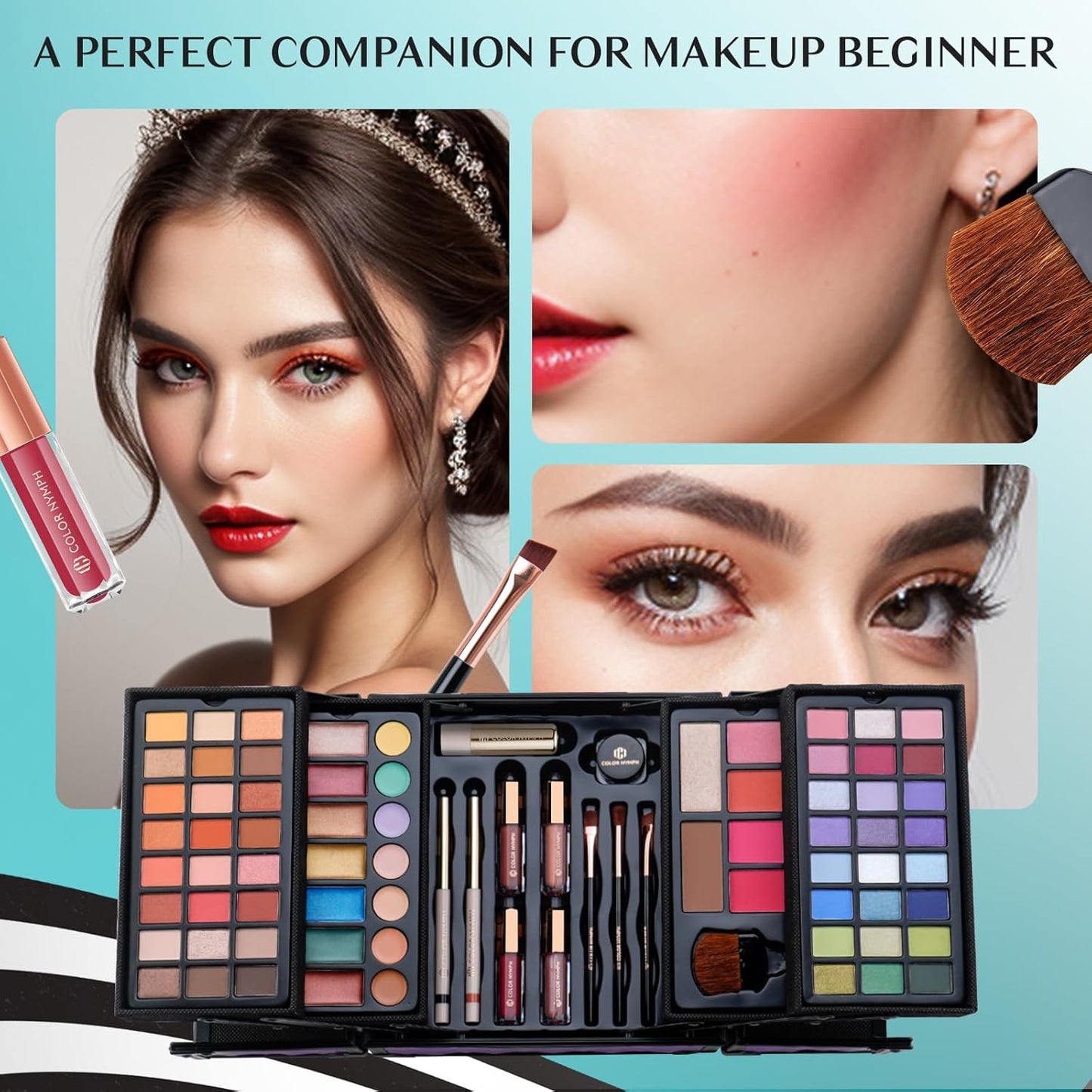 Color Nymph All In One Makeup Kit Comestics Gifts for Girls Teens, Travel Makeup Set 4 Trays Train Case for Beginner Includes Eyeshadow Highlighter Lipgloss Blush Concealer Brush Eyeliner Lipbalm