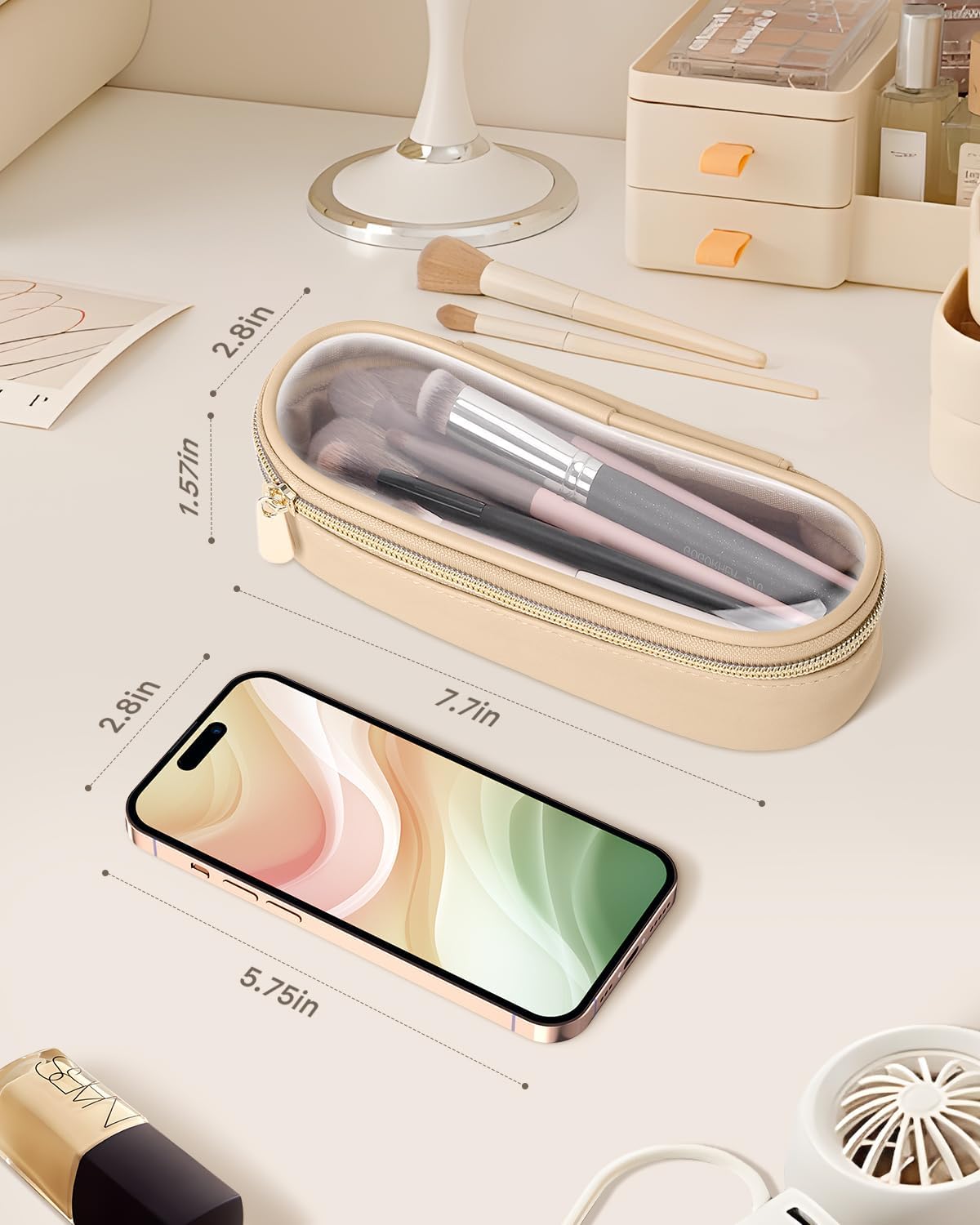 Clear Travel Makeup Brush Holder, Leather Makeup Brush Toiletry Bag, Portable Cosmetic Brush Case, Transparent Waterproof Makeup Brush Storage Bag, Khaki