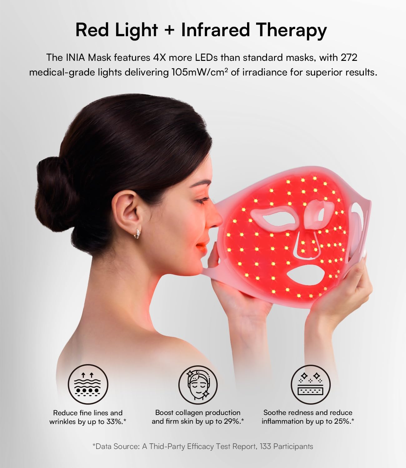 INIA Red Light Therapy Mask for Face, Glow Wireless LED Face Mask Light Therapy with Near-Infrared Red Light (NIR), Rechargeable and Ergonomic Design for Home & Travel