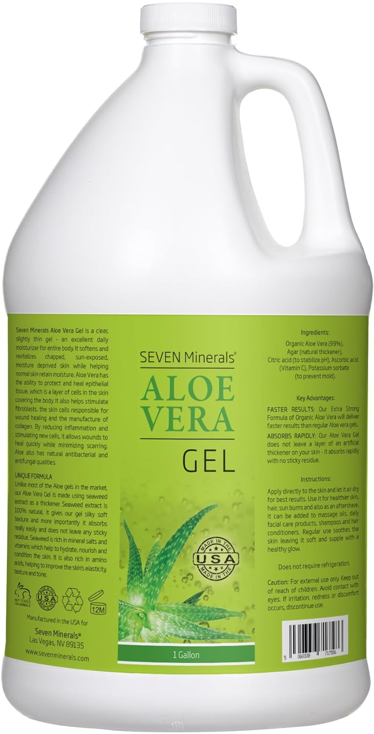 Seven Minerals Organic Aloe Vera Gel from freshly cut 100% Pure Aloe - 1 Gallon - HighestQuality, Texas grown, Vegan, Unscented - For Face, Skin, Hair, Sunburn Relief - Bulk DIY (128 Fl Oz)