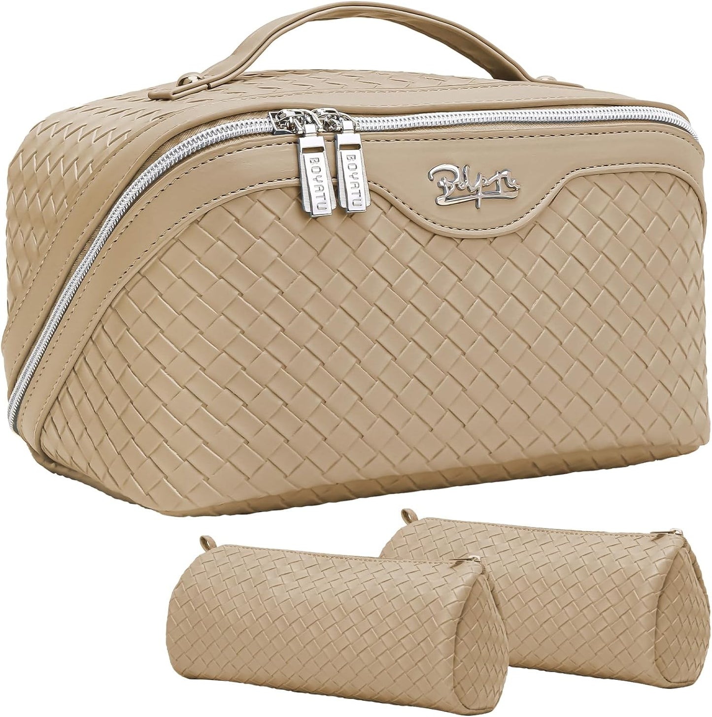 BOYATU Travel Makeup Bags for Women: Large Cosmetic Bag with Compartments - Vegan Leather Make up Bag Set of 3 - Protable Toiletry Organizer (L07 Apricot)