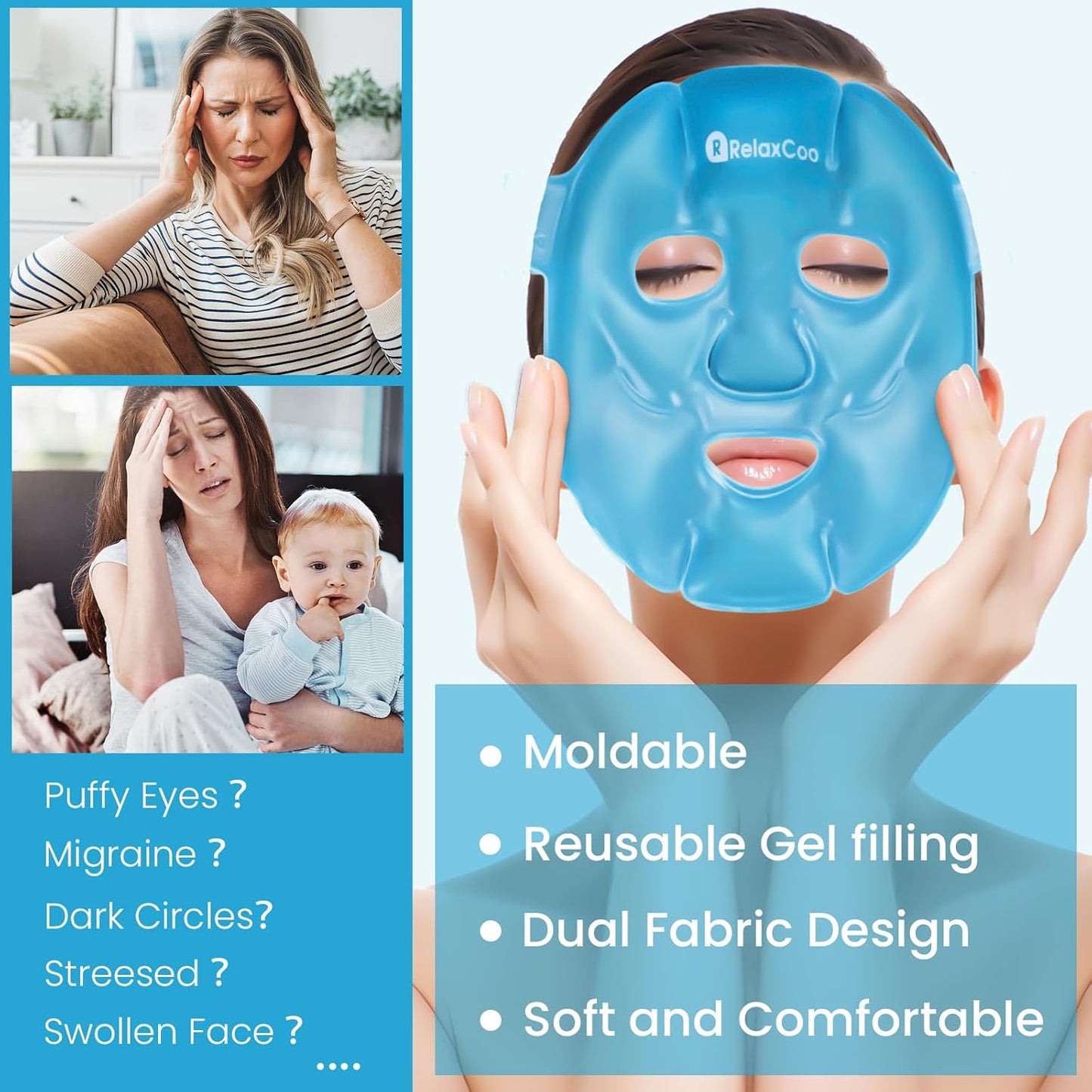 Cold Face Eye Mask Ice Pack Reduce Face Puff,Dark Circles,Gel Hot Cold Compress,Face SPA for Woman Sleeping, Pressure, Headaches, Skin Care， Blue