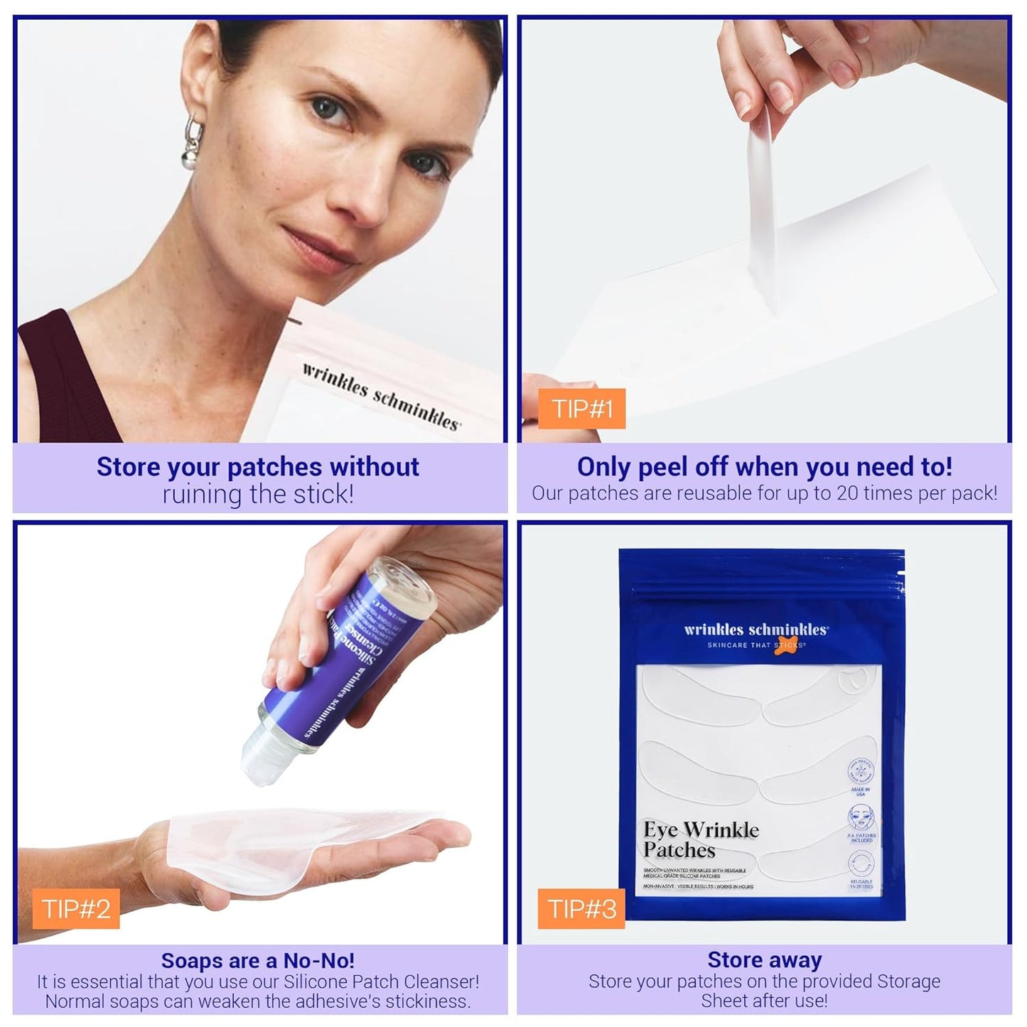 Wrinkles Schminkles Under Eye Wrinkle Starter Pack - Set of Reusable Under Eye Wrinkle Patches (3 pairs) + Silicone Patch Cleanser (2 oz) for Smoother Under Eyes & Fresh Look