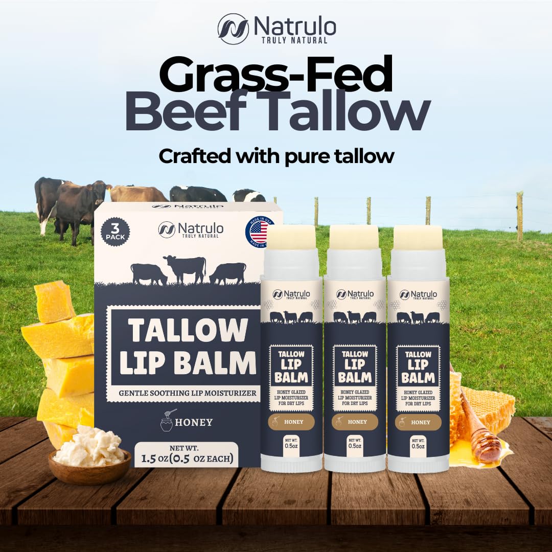 Beef Tallow Lip Balm – Natural Tallow Beeswax Chapstick – Hydrating Moisturizer Grass Fed Bison Tallow Balm Lip Care – Soothes Chapped Dry Lips, Sensitive Skin – Long Lasting Vitamin Rich USA-Made 3Pk