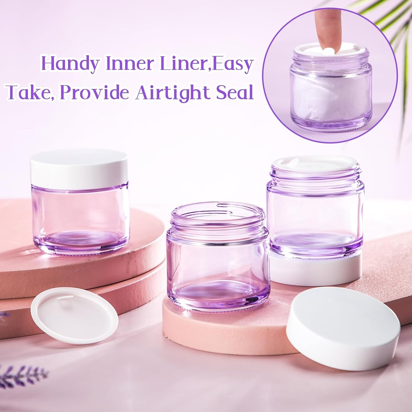 Domensi 32 Pcs 2 oz Glass Jars with Lids Travel Size Round Leakproof Empty Cosmetic Jars with Inner Liners Lid for Storing Makeup Lotions Face Cream Ointments Candle DIY Making (Light Purple)