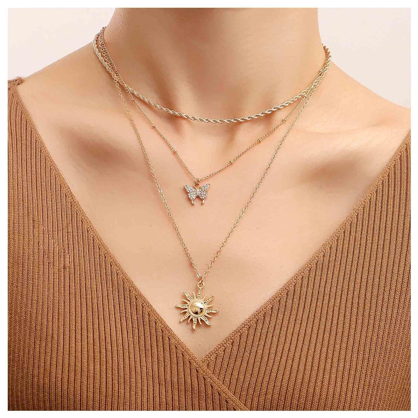 Bohemia Layered Sun Necklace Choker Crystal Butterfly Pendant Necklace Gold Rope Chain Necklace Vintage Sunflower Necklace Jewelry for Women and Girls