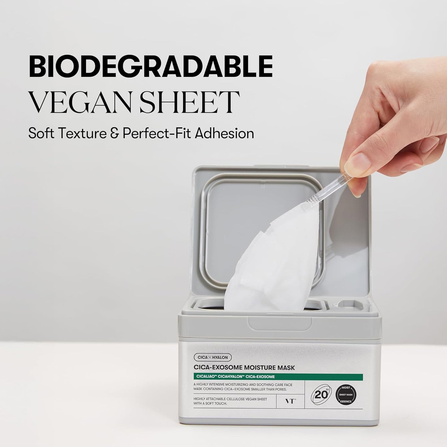 VT COSMETICS Cica-Exosome Moisture Mask 20 Sheets, Centella Asiatica & Hyaluronic Acid with Exosomes for Deep Hydration & Calming, Biodegradable Vegan Sheets, Korean Face Mask