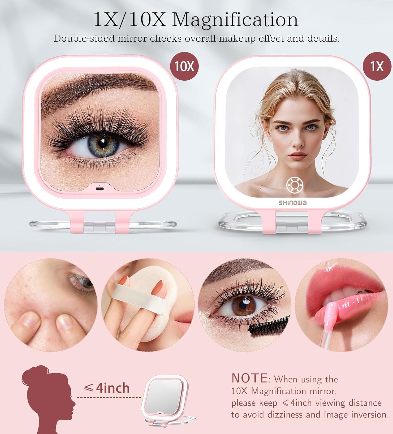 Shinowa Rechargeable Travel Makeup Mirror with 72 LED Lights, 1X/10X Magnifying Vanity Mirror with 3 Color Light, Folding Stand, 7 Inch Portable Dimmable Double Sided Compact Lighted Mirror, Pink