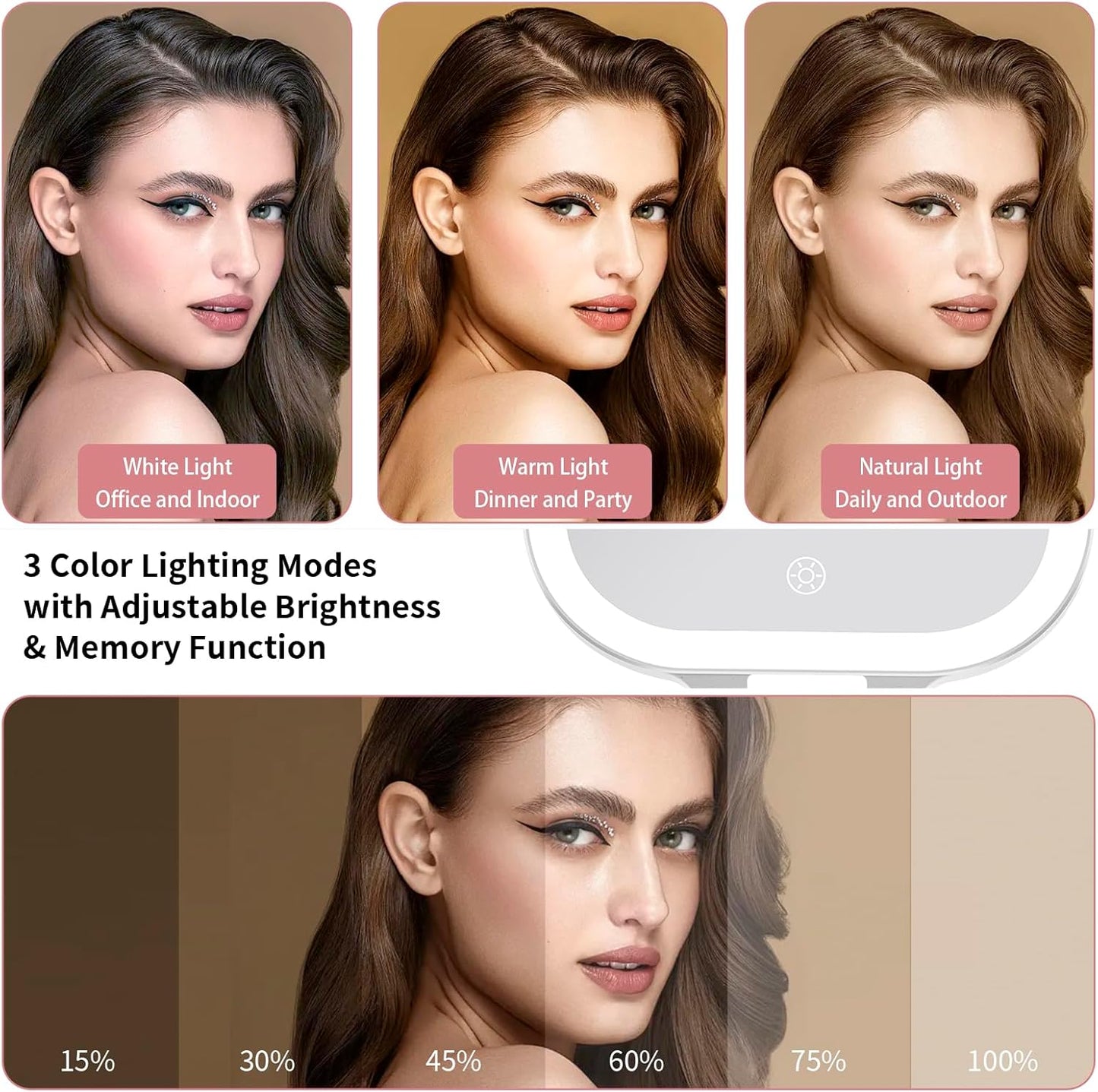 DESCHEN Rechargeable Travel Makeup Vanity Mirror with Lights and Magnification, Portable 1X/10X Magnifying Mirror with 3 Color Light, Lighted Makeup Mirror with Magnification, Folding LED Desk Mirror