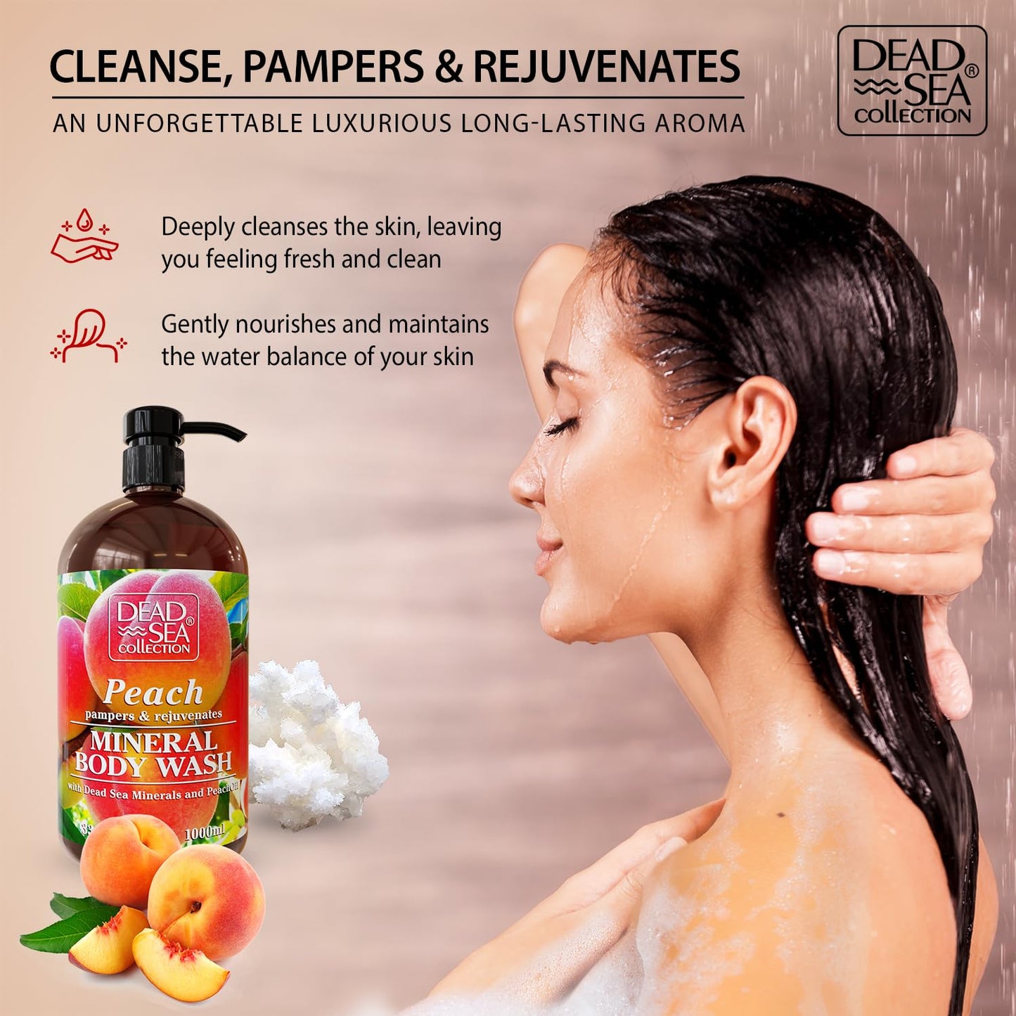 Dead Sea Collection Peach Body Wash for Women and Men - with Pure Dead Sea Minerals and Peach Extract - Cleanses and Moisturizes Skin - Pack of 2 (67.6 fl. oz)