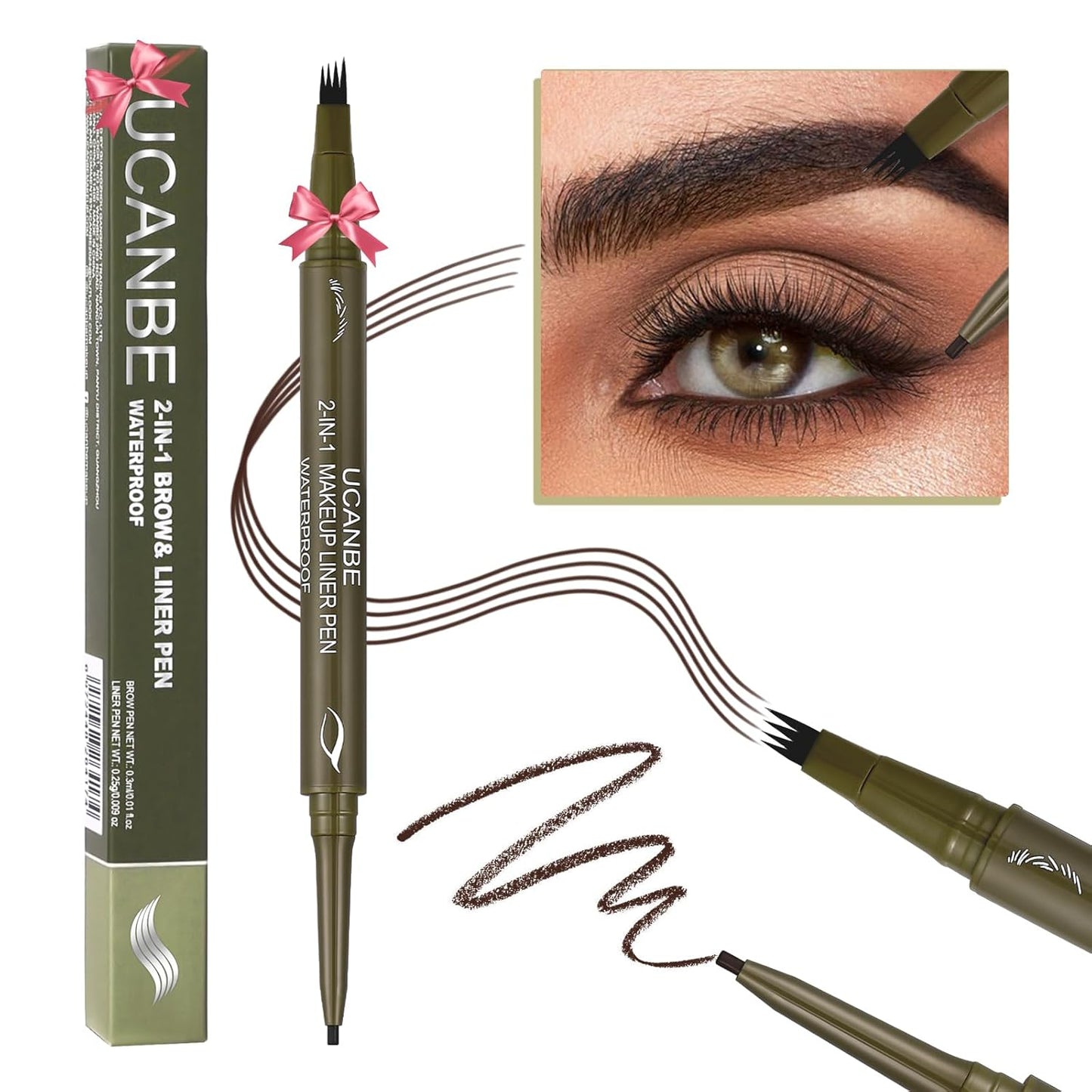 UCANBE Eyebrow Pen, Dual-Ended Eyebrow Pencil with 4-Fork-Tip & Gel Eyeliner for Women, Eye Brow Pen with Gel Eyeliner Pencil, Microblading Eyebrow Pencils with Hair Like Strokes, Classic Brown