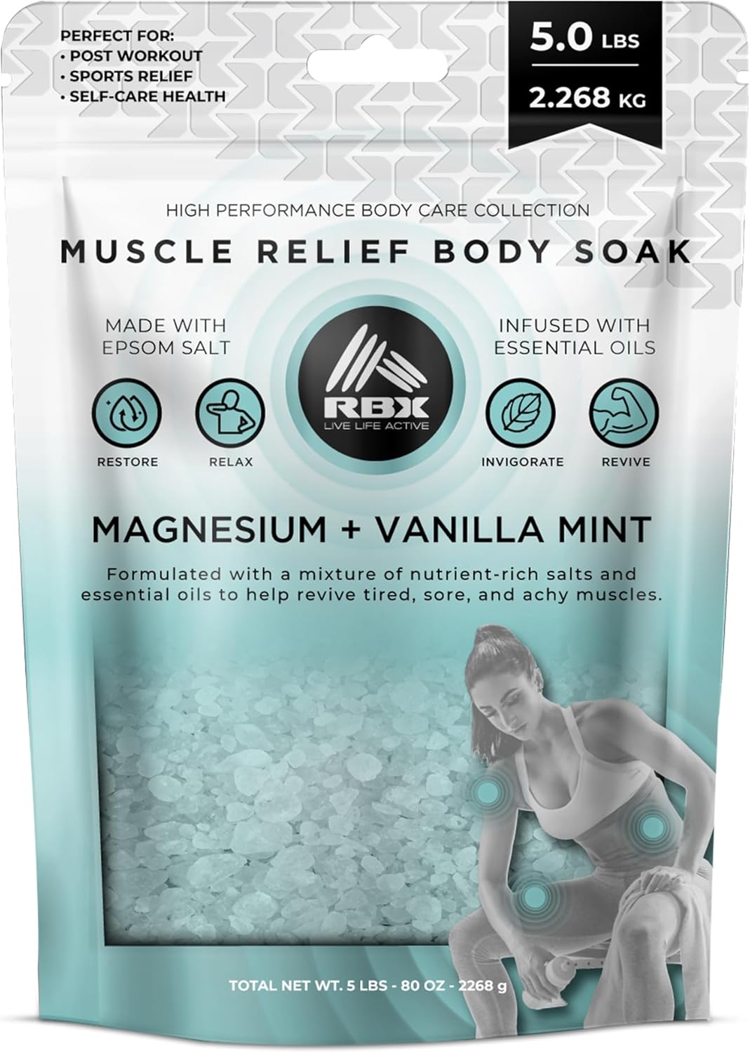 RBX Muscle Relief Epsom Salt Bath Soak – Magnesium Flakes & Bath Salts for Soothing Sore Muscles, Pain Relief, Foot Detox Soak – Vanilla Mint Scent – 5 lb Bag