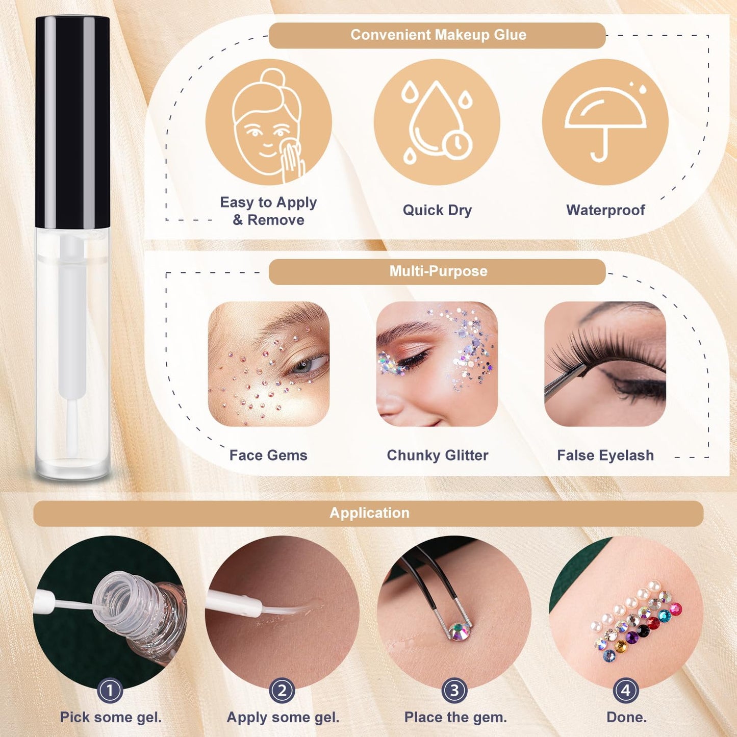 Colorful Face Gems for Makeup Set, Flatback Gorgeous Charming Clear Glass Rhinestone with Makeup Glue+Picker Pencil+Tweezer for Eye Body Hair Make-up and Nail Art Deco