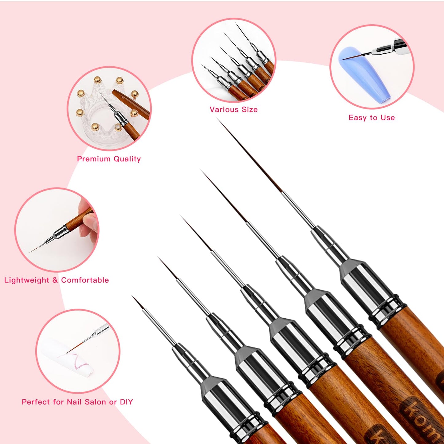 Nail Art Brushes, 5Pcs Wooden Handle Liner Brush Set, UV Gel Polish Painting Art Design Pen for Long Lines, Thin Details, Fine Drawing Sizes 4/8/12/20/25mm(Natural)