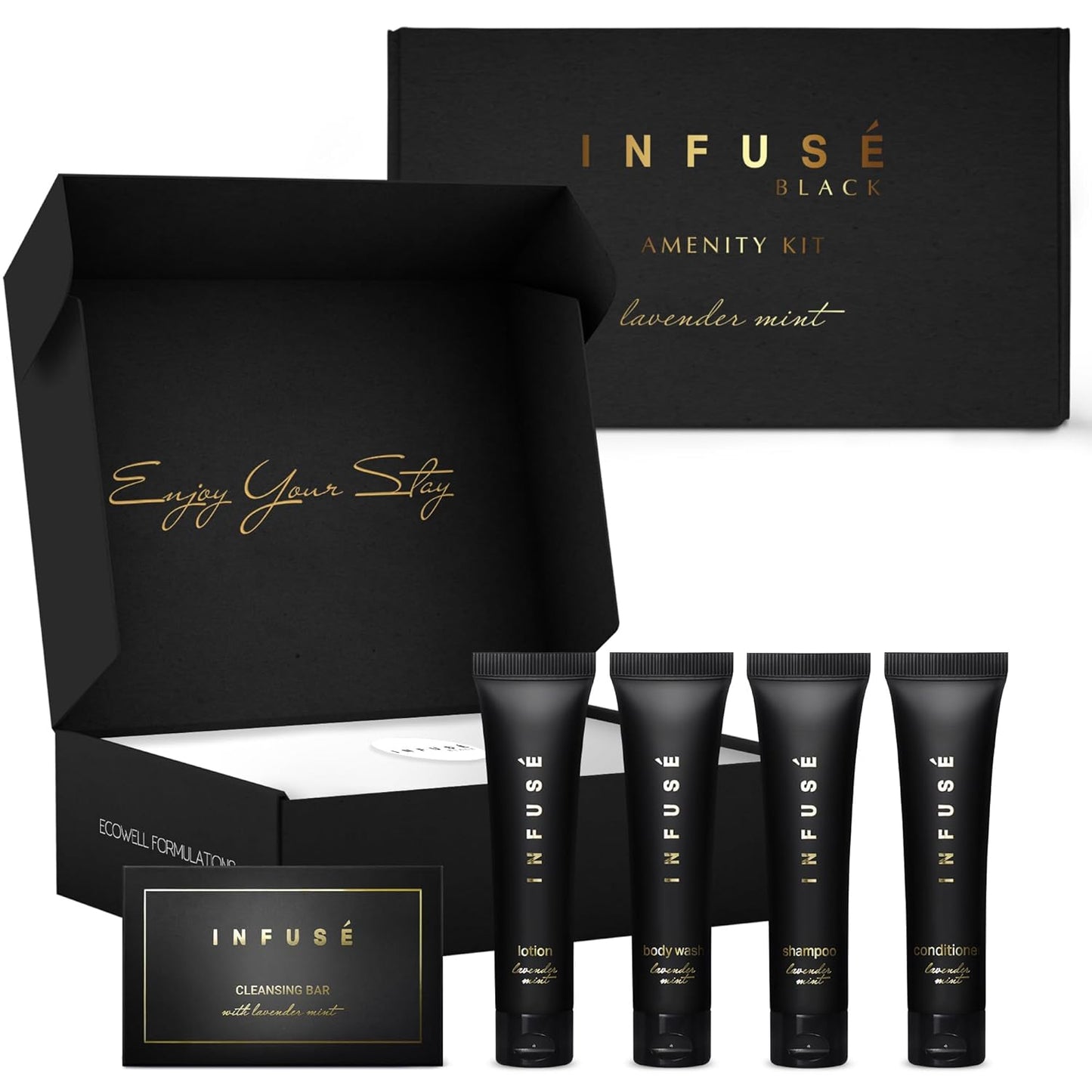 Infuse Black Amenity Kit | Boxed Hotel Toiletries | Bulk Set 1 oz Travel Size Shampoo, Conditioner, Lotion, Body Wash & Cleansing Bar for Guest Hospitality AirBnB/Vacation Rentals | 1 set per case