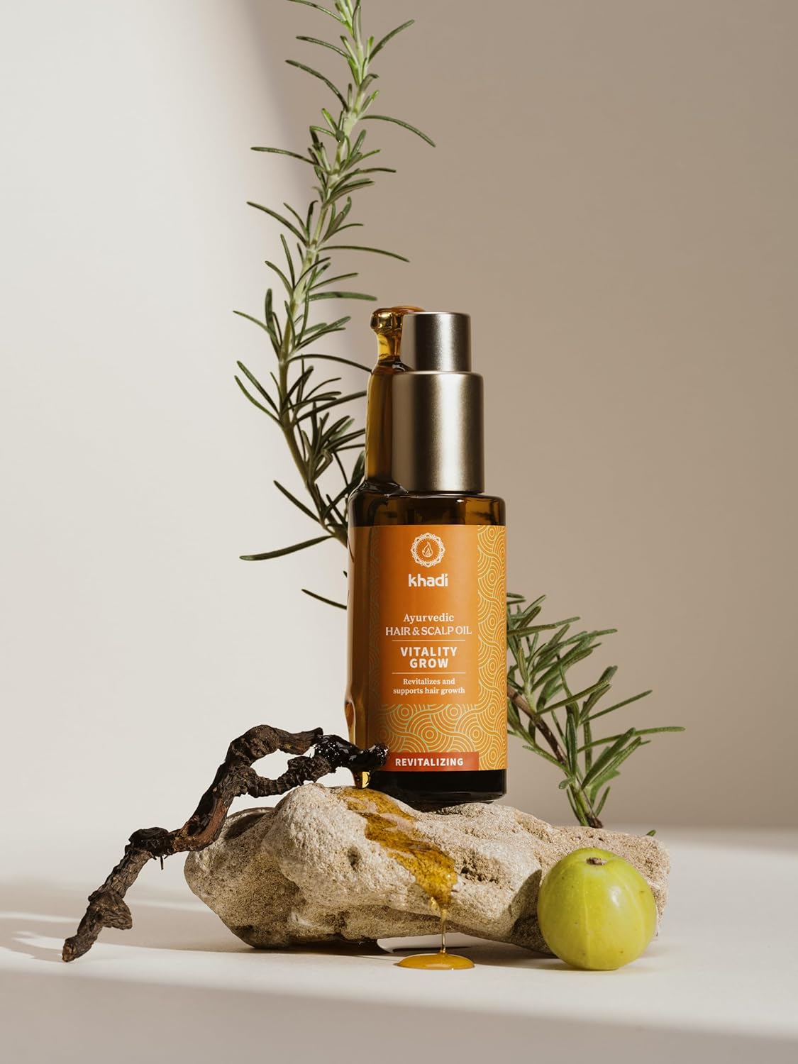 khadi VitalityGrow Hair Oil - Rosemary for more volume & hair growth - against hair loss - 100% natural, herbal, vegan & silicone-free 1.69 fl oz