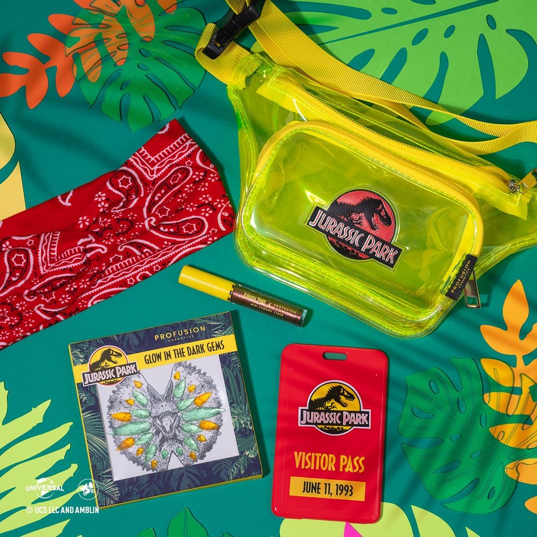 Profusion Cosmetics Jurassic Park Adventure Beauty Set - Experience the Thrills with the Jurassic Park Visitor Set - Face & Body Glow Gems, Chrome Liner, Collectors' Pass & Beauty Headband